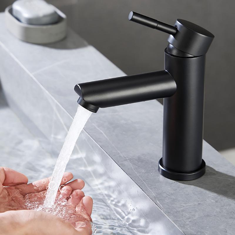 Basin Faucet 304 Stainless Steel Single Cold Water Tap Black Chrome Color Deck Mounted Basin Sink Tap G1/2
