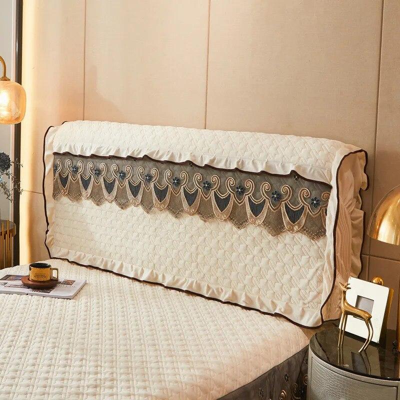 Lace Headboard Cover for Queen Bed Plush Velvet Double Size King Quilted Anti-collision Full Coverage Back Protector with Pocket