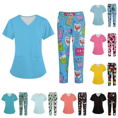 Плюс размерСкраб с принтом Рабочая форма Топы для женщин Крест V-образным вырезом Хэллоуин Принт с короткими рукавами Забавные футболки Спецодежда Футболка с карманами