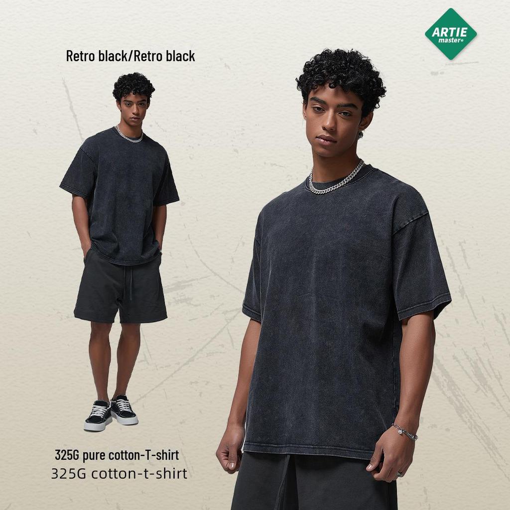ARTIE Men's 2024 Summer 325g Batik Washed Distressed Retro T-Shirt - American Fashion Short Sleeve