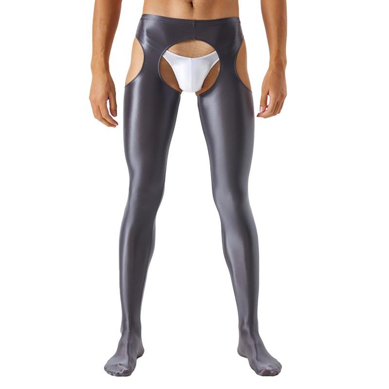 Mens Cutout Crotchless Pantyhose Glossy Mid Waist Tights Leggings