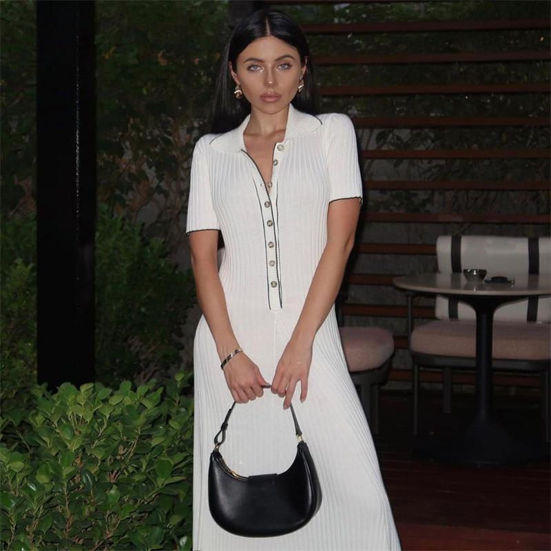 Вязаное платье макси для женщин, повседневное белое облегающее платье с отложным воротником и коротким рукавом, трикотажное платье в рубчик, женское уличное платье