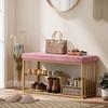 Bench and Shoe Storage, Tufted Shoe Storage Bench with Velvet Seat Cushion Gold Steel Frame for Entryway, Pink