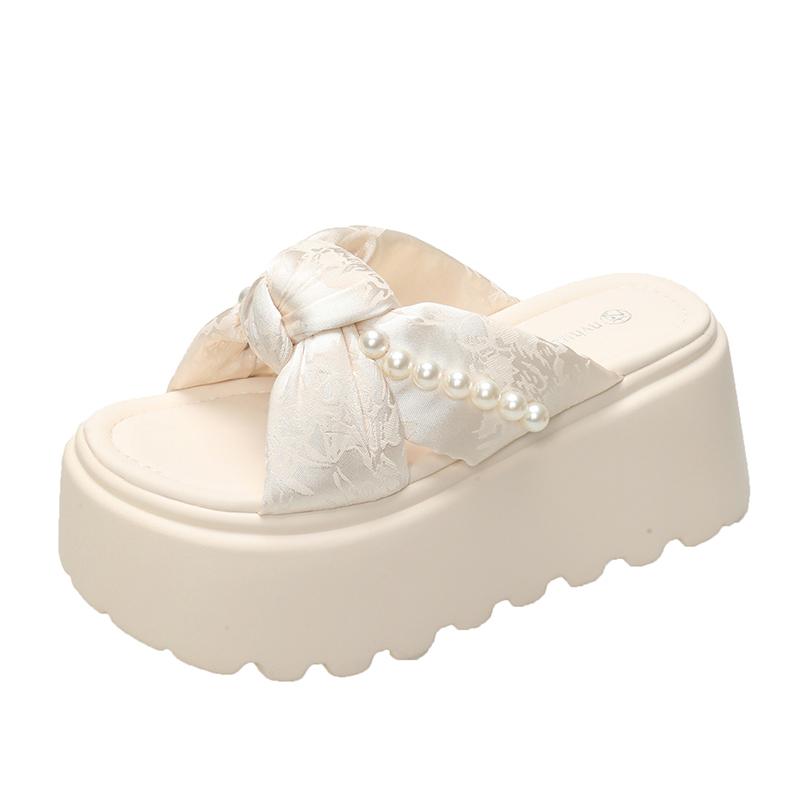 Fashion 9CM Women High Platform Beads Slippers New 2025 Summer Beach Ladies Wedge Heels Shoes Woman Outside Chunky Sandals