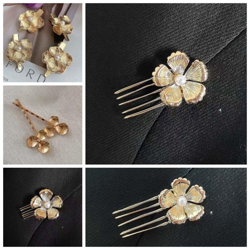 5pcs Hairstyle Tools Golden Flower Hair Forks Retro Wave Zinc Zinc Alloy Barrettes Pearl Side Clips Daily