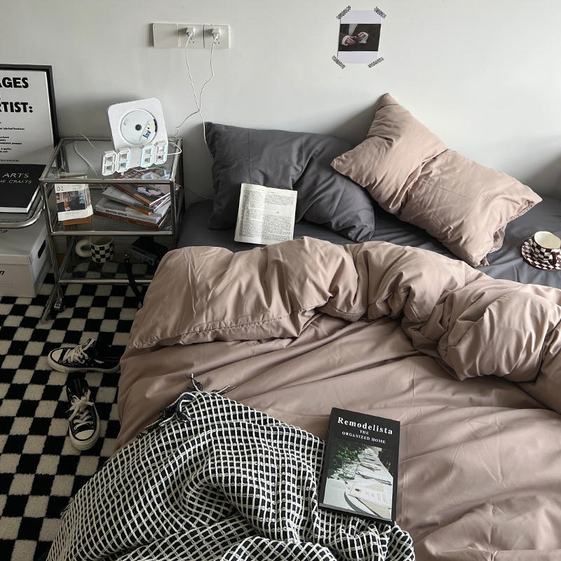 60 Thread Count Washed Cotton Solid Color Woven Four Piece Bed Sheet Fitted Sheet Style Simple and Fresh Three Piece Student Bed Set