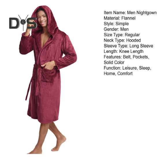 Men Nightgown Hooded Long Sleeve Belt Flannel Bathrobe with Pockets Solid Color Quick-Drying Fabric Knee-Length Loungewear Robe