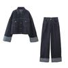 New European & American Women's Denim Lapel Jacket with Flared Pants Suit