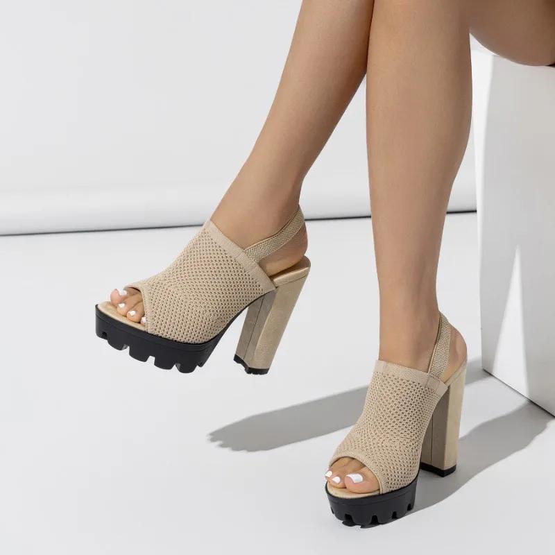 Fashion 2024 Summer New High Heels Womens Fashion Open Toe Fish Mouth Shoes Versatile Solid Color Stretch Fabric Outdoor Slip-On Sandals