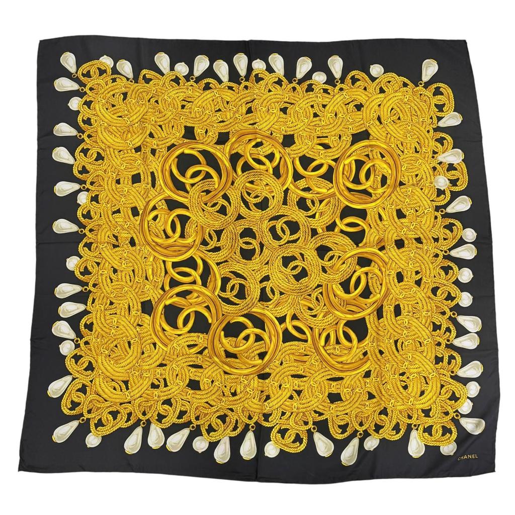 Excellent CHANEL scarf COCO Mark Chain Pearl Large Size black silk Women Used