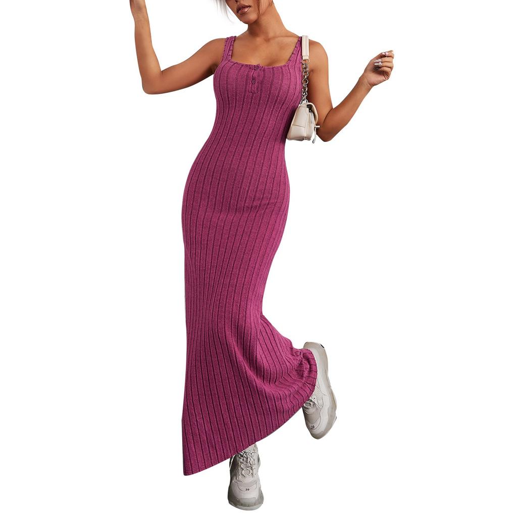 Женские летние повседневные длинные платья без рукавов с пуговицами на шее, облегающие платья с эластичным кроем