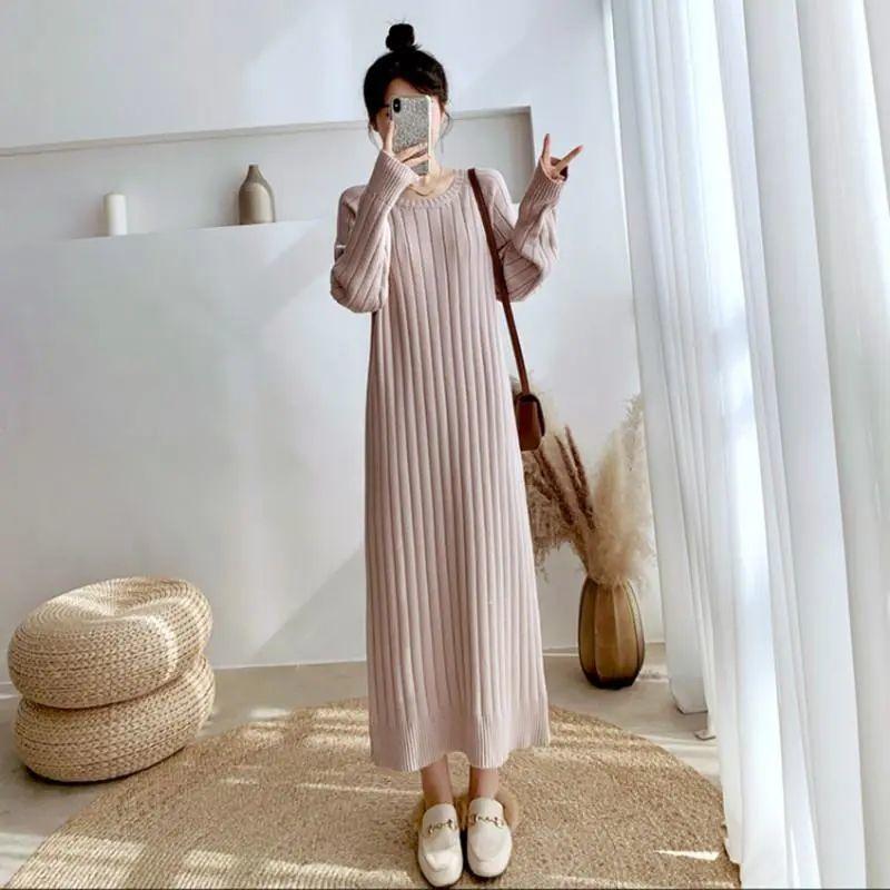 Платье длинное шерстяное платье длиной до колена для женщин 2023, осень и зима, свободный низ, однотонное трикотажное женское платье с длинными рукавами