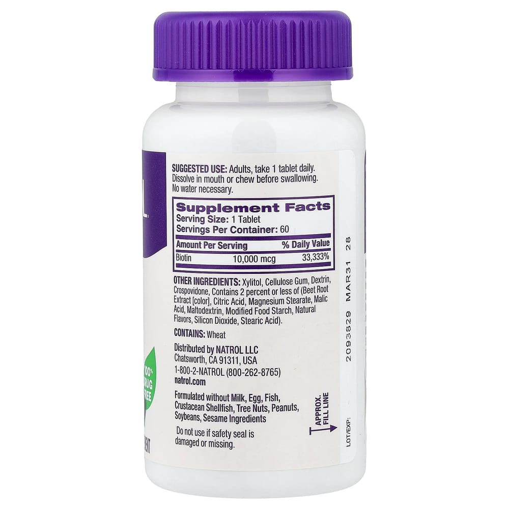Natrol Биотин Быстрорастворимый Максимальная Сила, Клубничный Вкус, 10 000 мкг, 60 Таблеток