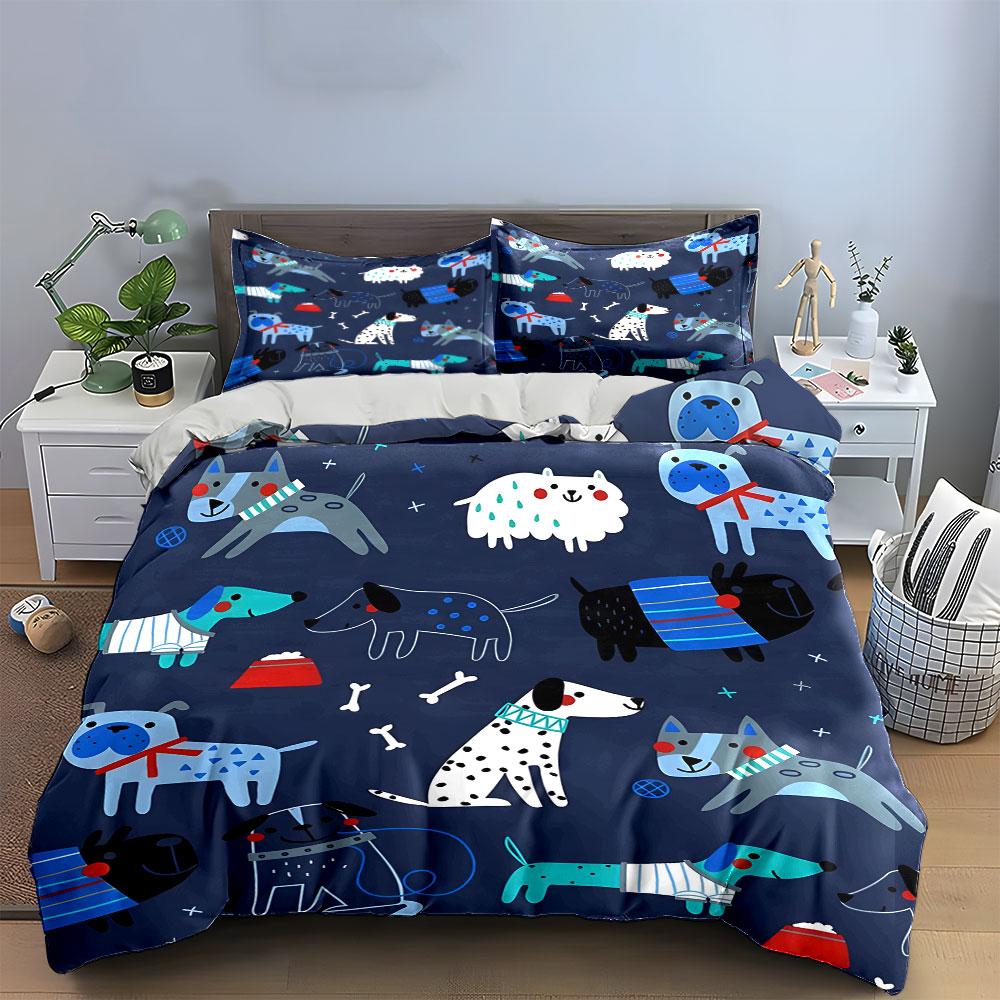 Cute Dog Pattern 3-Piece Set Bedding Set with 1 Duvet Cover 2 Pillowcases Single Double King Queen, Gift