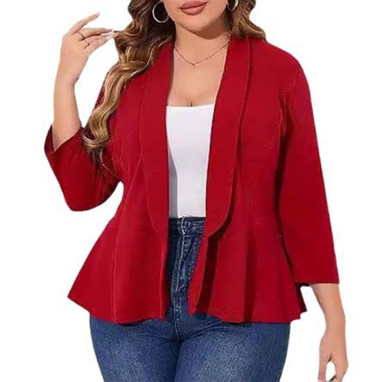 Plus Size Women Suit Coat Lapel Long Sleeve Ruffle Hem Open Front Suit Jacket Solid Color Versatile Business Outerwear