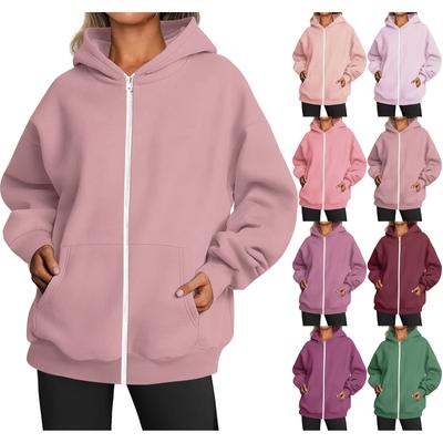 Женское модное свободное повседневное повседневное однотонное пальто с капюшоном и молнией с длинными рукавами