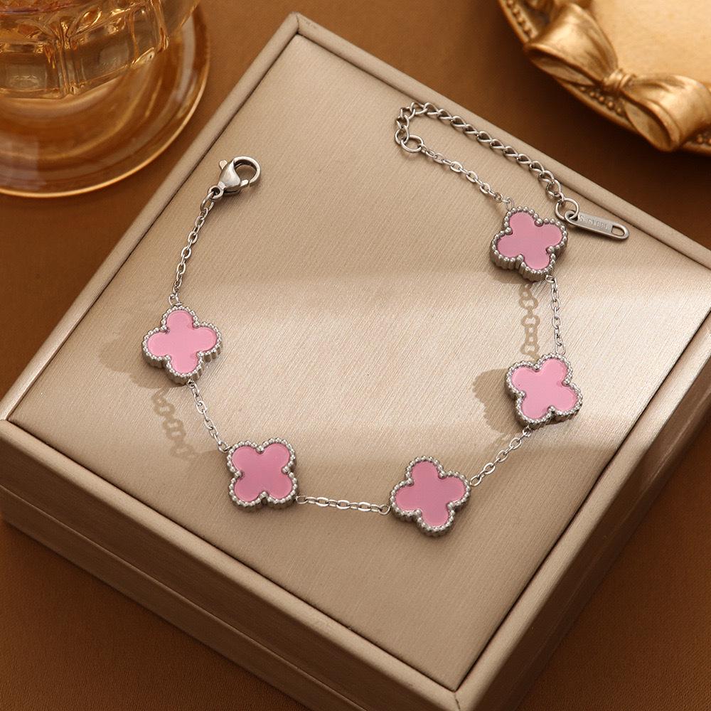 Korean Style Titanium Steel Four-Leaf Clover Couple Bracelet, 18k Rose Gold, Non-Fading