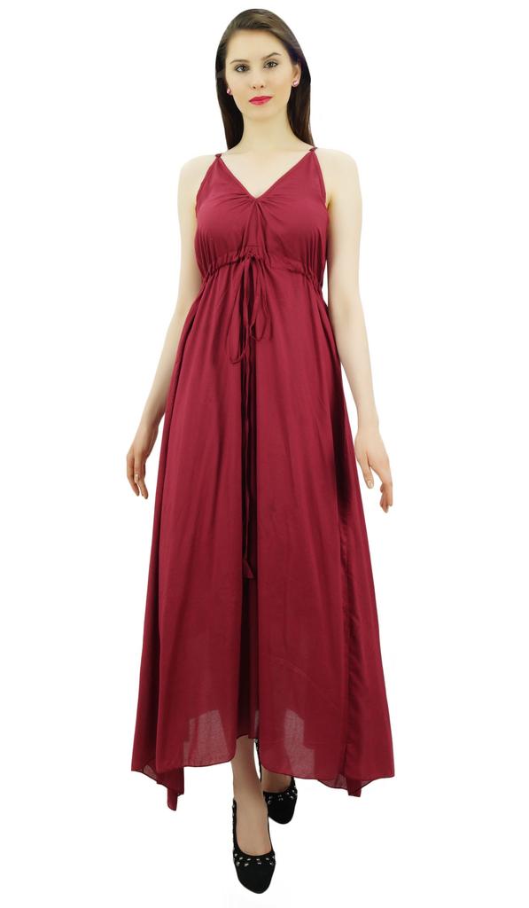 Bimba Women's Long Maxi Cotton Beach Dress Drawstring Waist Strappy Resort