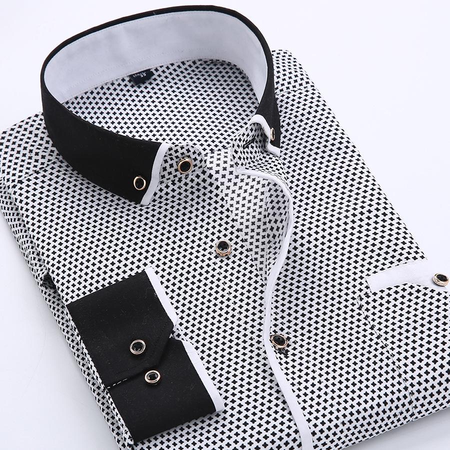 Business Casual Men's Shirt Printed Thin Youth Slim Long-sleeved Shirt