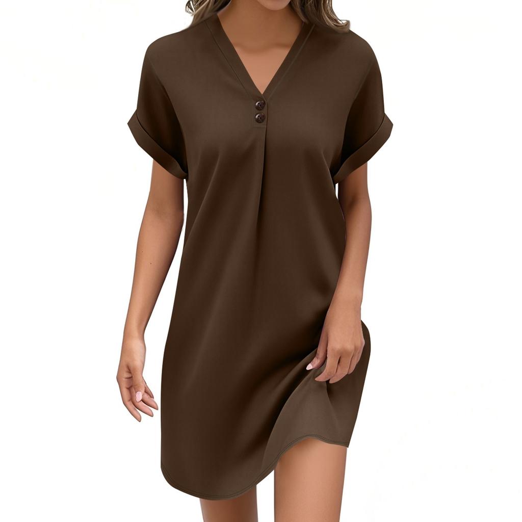 Women's Fashion V-neck Solid Color Pullover Casual Button Dress