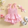 Newborn Baby Girl Romper Sleeveless Ruched Strappy Solid Color Onesie Infant Summer Clothes Bow Headband