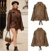 Vintage Brown PU Leather Trench Coat With Belt Loose Fit Womens Fashion Outerwear