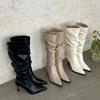 Women Pointy Pleated Boots High Heels Black Female Knee High Boots Women Autumn Fashion Stiletto Ladies Pointy Rubber Footwear