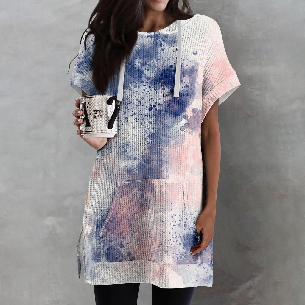 Женские свободные рубашки с принтом, толстовки с короткими рукавами и шнурком, вязаная туника с боковыми разрезами, топы с капюшоном и карманом