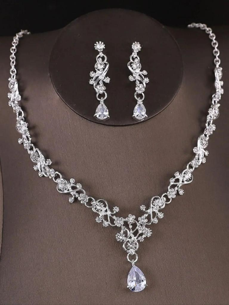 3pcs Women's Fashionable Zircon Set with Rhinestones, Zircon, Water Droplets, Necklace, Earrings, Wedding Dress Accessories