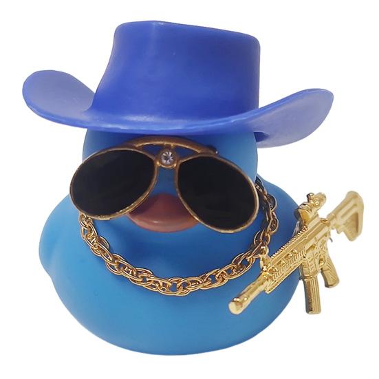 Duck Ornament Squeaky Car Dashboard Decoration Set Funny Yellow Duck Figure with Cowboy Hat Sunglasses Golden Chain Decor