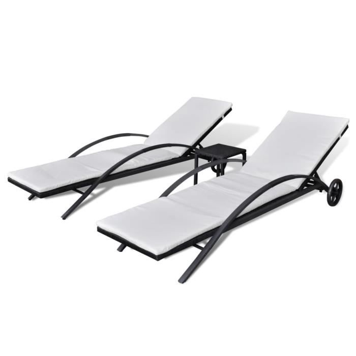VidaXL Chaises longues avec table Résine tressée Noir
