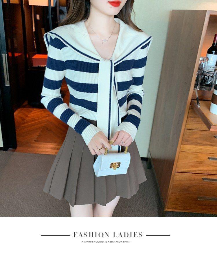 Navy Striped Collar Sweater Women’s Autumn/Winter 2025 College Style Slim Fit Knitwear