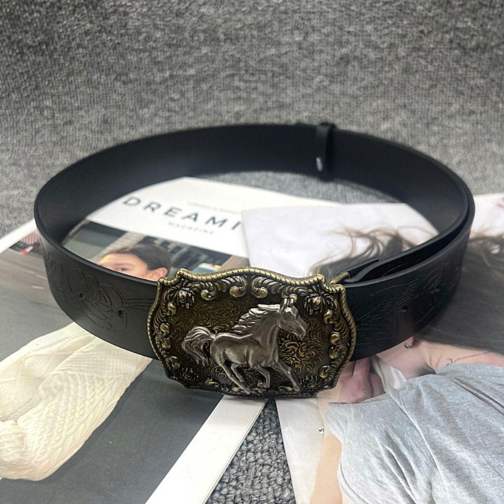 Harajuku Punk Rock Belt Hip Hop Horse Head Buckle Belt Women Man Leather Embossed Belt