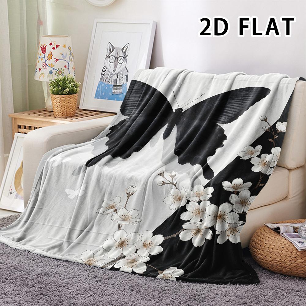 1Pc 2D FLAT Ink Black White Print Flannel Blanket,High quality Comfortable for All Seasons,Home Decor,Warmth and Comfort,Perfect for Christmas Gifts