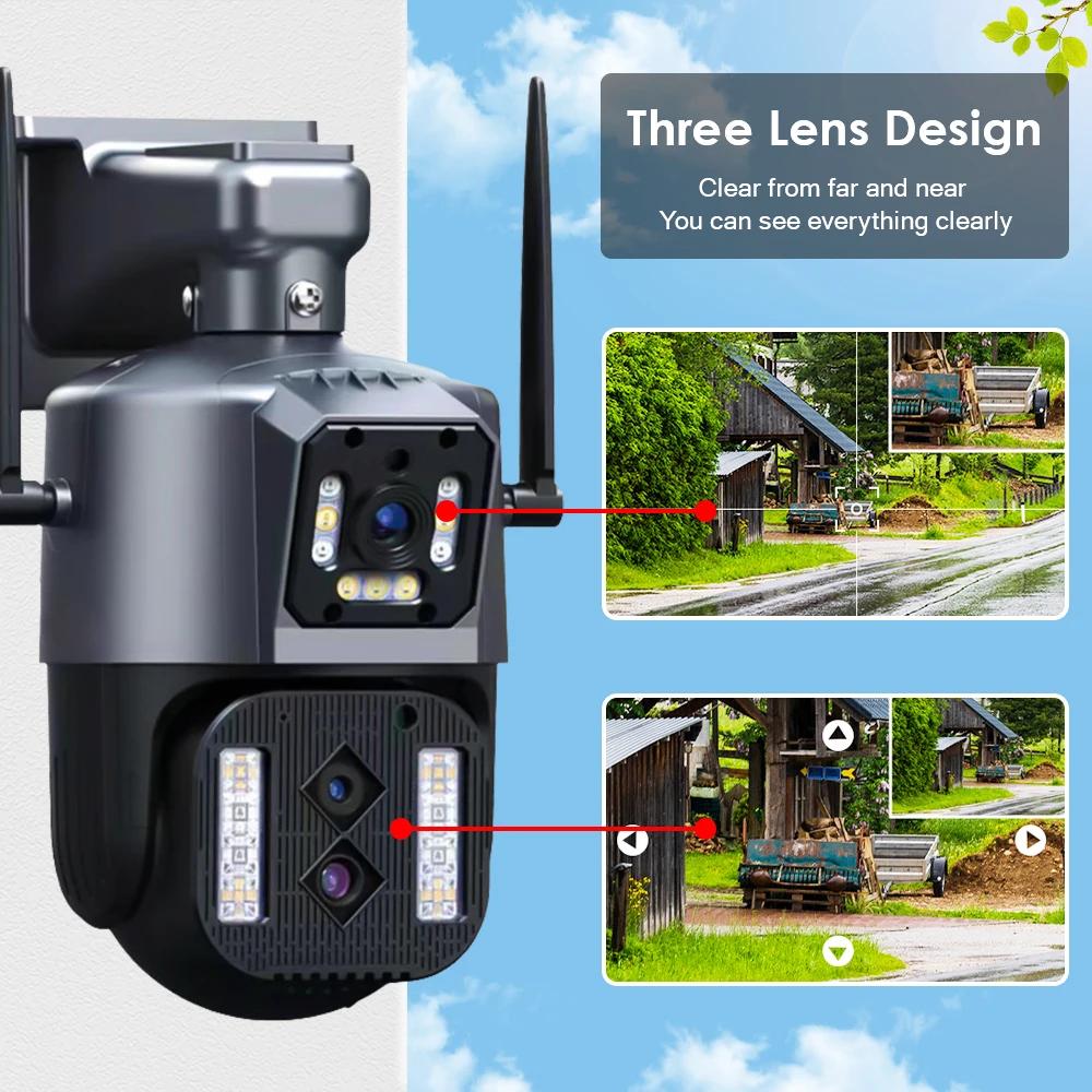 12MP 6K WiFi IP Camera Outdoor PTZ Three Lens Dual Screens 10X Zoom Auto Tracking Human Waterproof 4K CCTV Security Protection