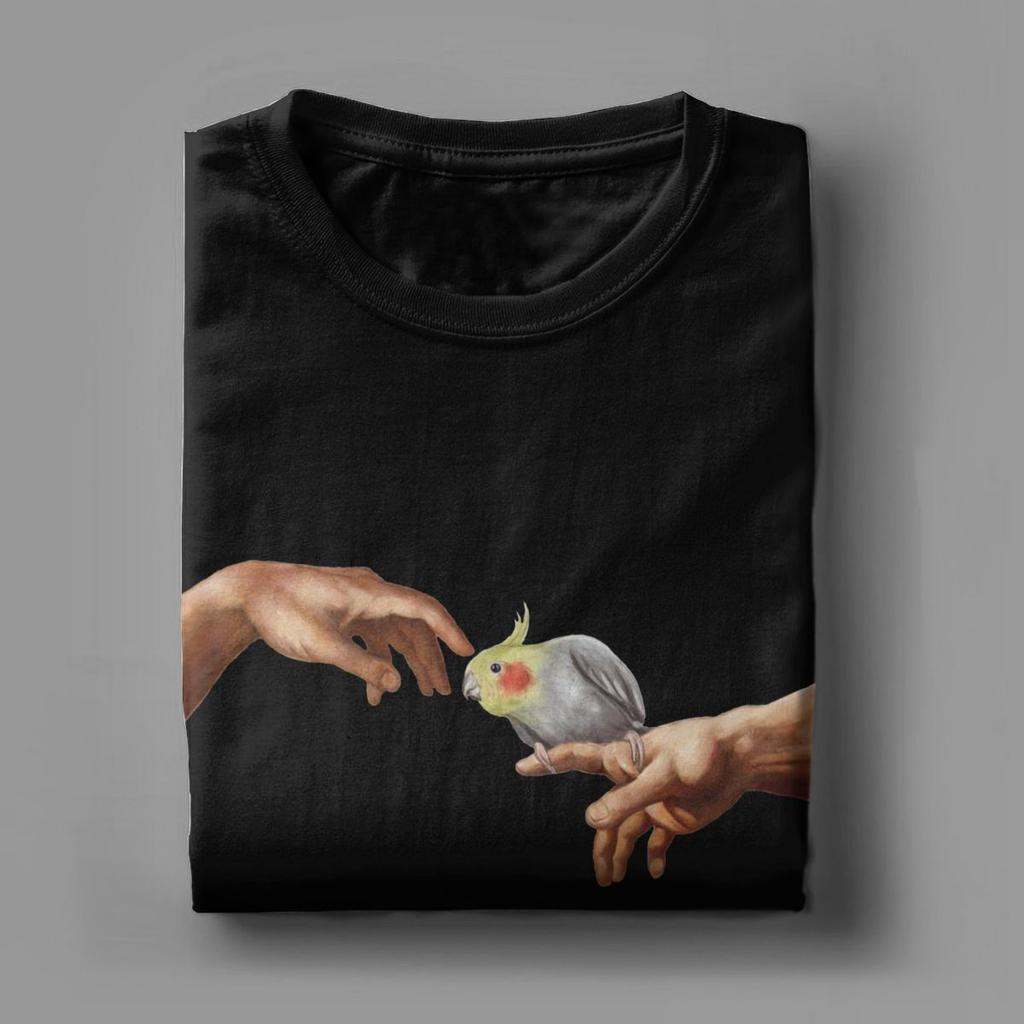 Men Women Cockatiel Touch Michelangelo Birb T Shirt Pure Cotton Clothing Funny Short Sleeve O Neck Tees Graphic Printed T-Shirt