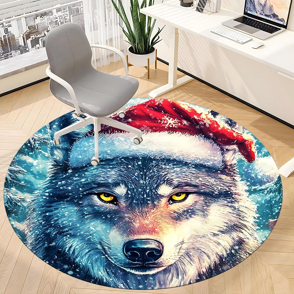 1pc Winter Wolf Office Round Area Rug, Indoor Mat Suitable ForOffice, Under Office Chairs Bedroom Living Room Home Decor, Room Deco T038