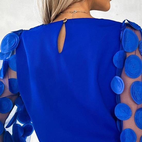 Осень-весна, женская рубашка, прозрачная сетка, однотонная, с круглым вырезом, с цветочным декором, с длинным рукавом, пуловер в повседневном стиле, элегантная женская блузка