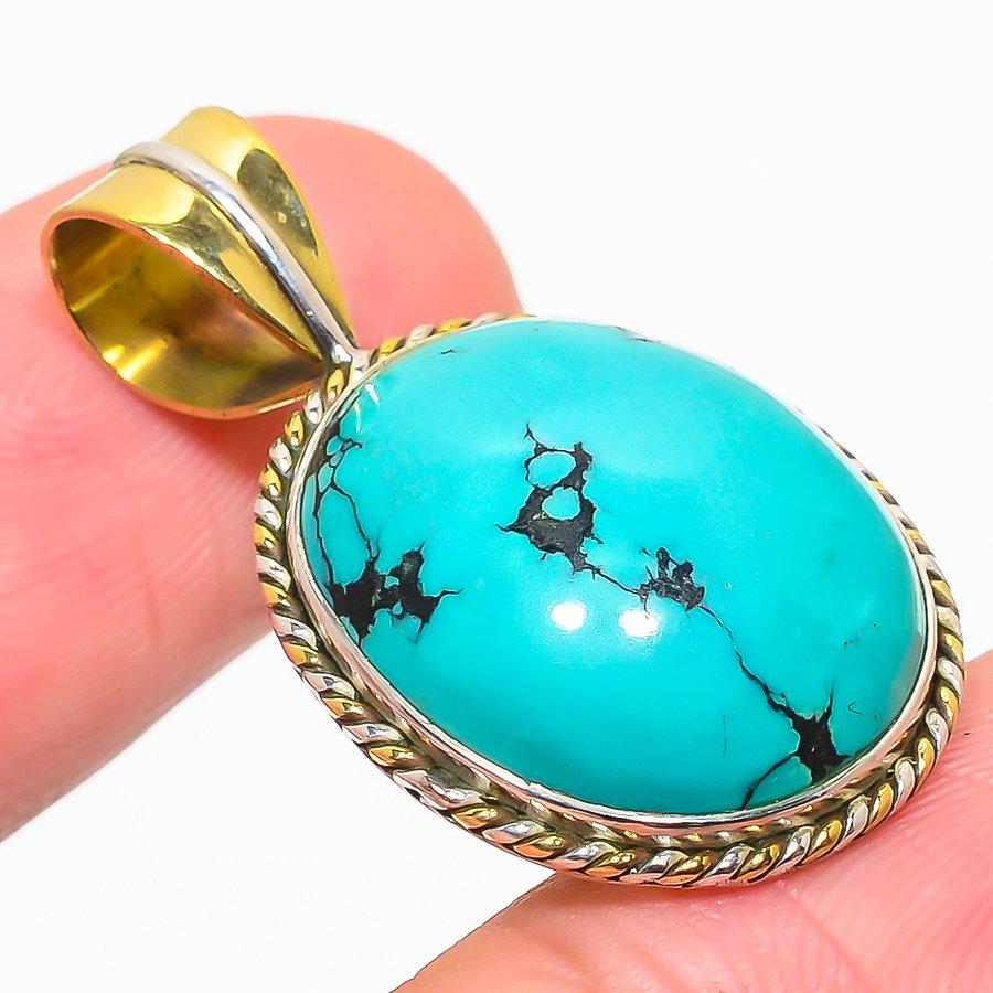 Натуральная тибетская бирюза двухцветная 925 пробы цельное стерлинговое серебро кулон 1,25'' n7O17