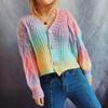 Autumn and Winter Light and Loose Rainbow Gradient Color Single Breasted V-neck Long Sleeved Sweater Cardigan for Women 3519