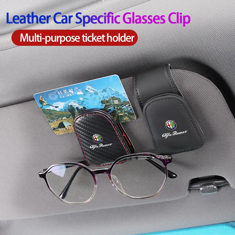 1Pc Car Specific Glasses Clip Leather Ticket Holder Sticker For Alfa Romeo 159 Giulietta Giulia 147 Mito 156 166 GT Stelvio F1XS7