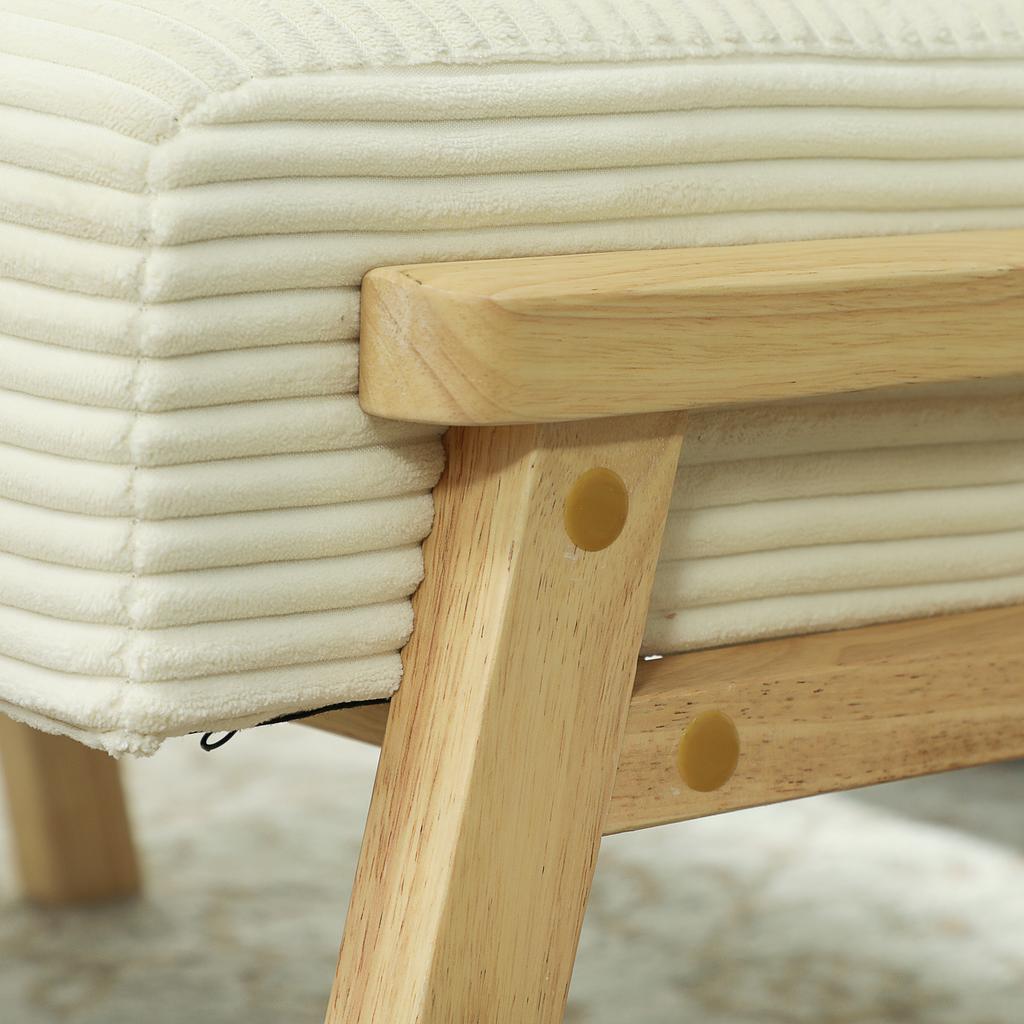Footstool with Soft Cushion, Wooden Legs, Corduroy Look, Cream White
