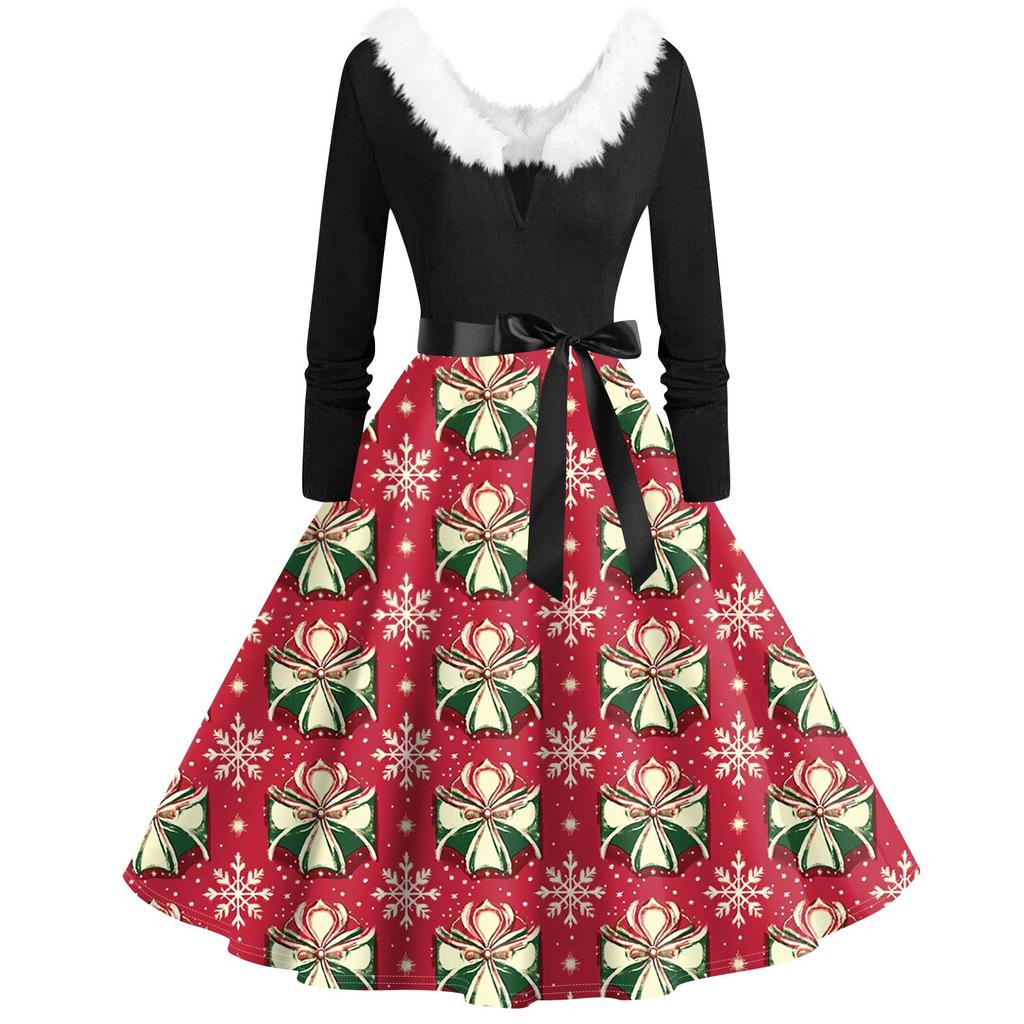 Women's Casual And Fashionable Long Sleeved V-neck Christmas Print Matching Zipper Dress