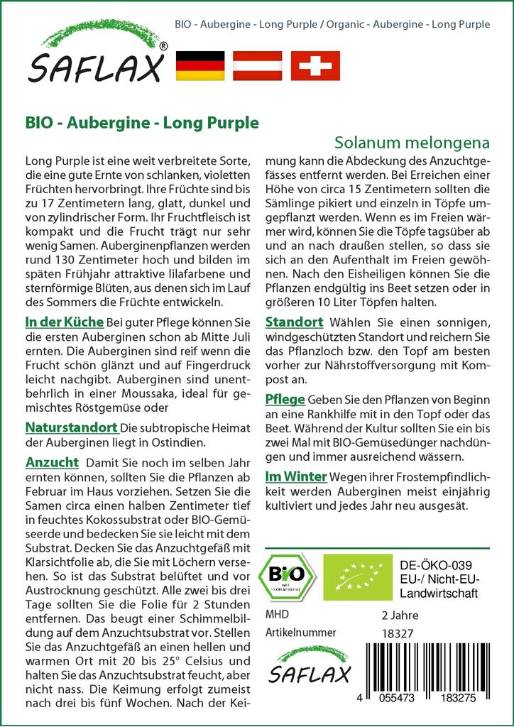 SAFLAX Сад в сумке - Органический - Баклажан - Длинный фиолетовый - 20 семян - С субстратом в подходящем стоячем мешке - Solanum melongena