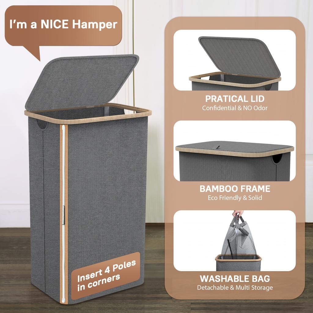 100L Large Laundry Hamper with Handles and Lid, Collapsible Clothes Hamper with Removeable Mesh Bag, Mesh Washable Laundry Bags