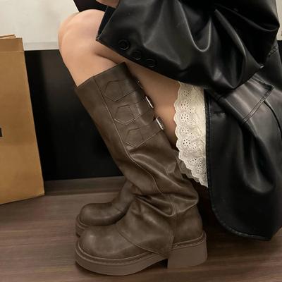 Женские ковбойские сапоги на платформе в стиле вестерн, модные длинные сапоги в стиле рыцарь, осенне-зимняя женская обувь