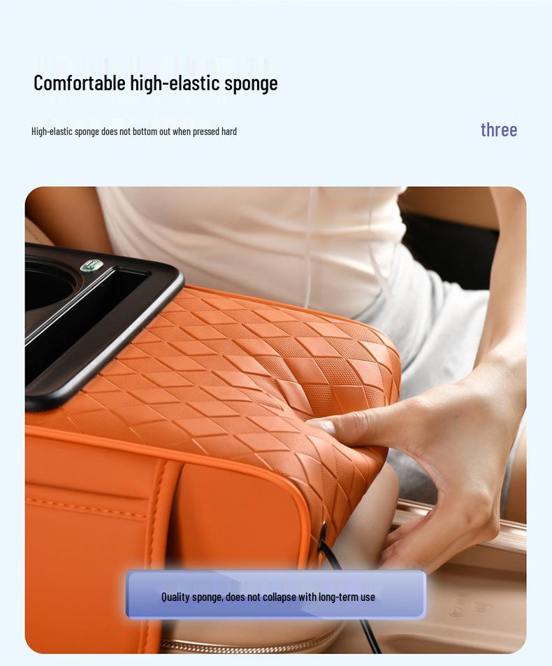 Ромбовидный зарядный подлокотник для автомобиля с кожей наппа, двойным подстаканником, хранилищем и коробкой для салфеток.