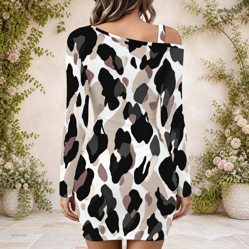Women Plus Size One Shoulder Long Sleeve White Navy Blue Printed Bodycon Mini Dress