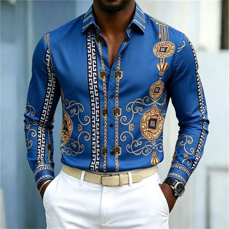 Luxury Ornate Patterned Long Sleeve Shirt, Stylish Formal-Casual Wear For Men