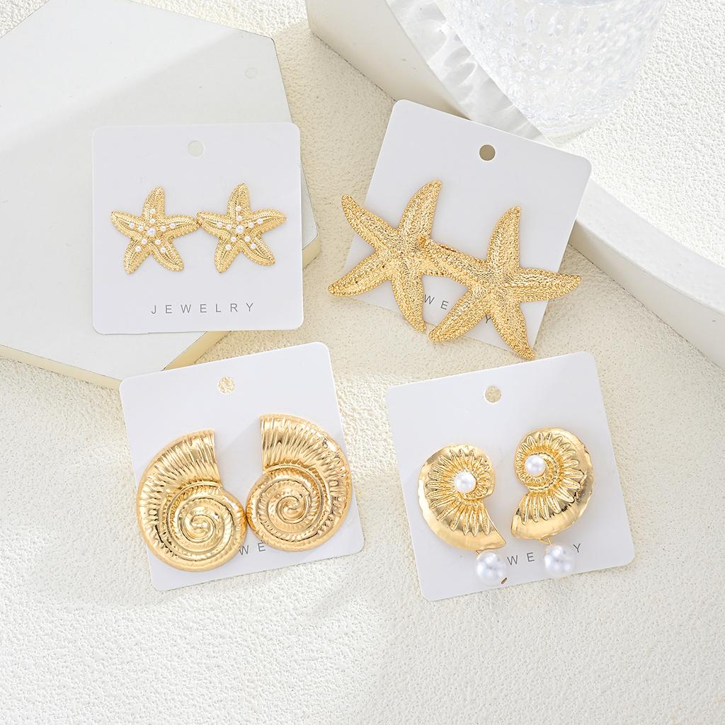 4Pcs Vintage Summer Starfish Conch Earring Set Gold Color Imulated Pearl Stud Drop Earrings for Women Beach Daily Jewelry Gifts